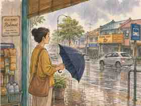 Rainy Malaysian street scene with a woman holding an umbrella near a kedai runcit